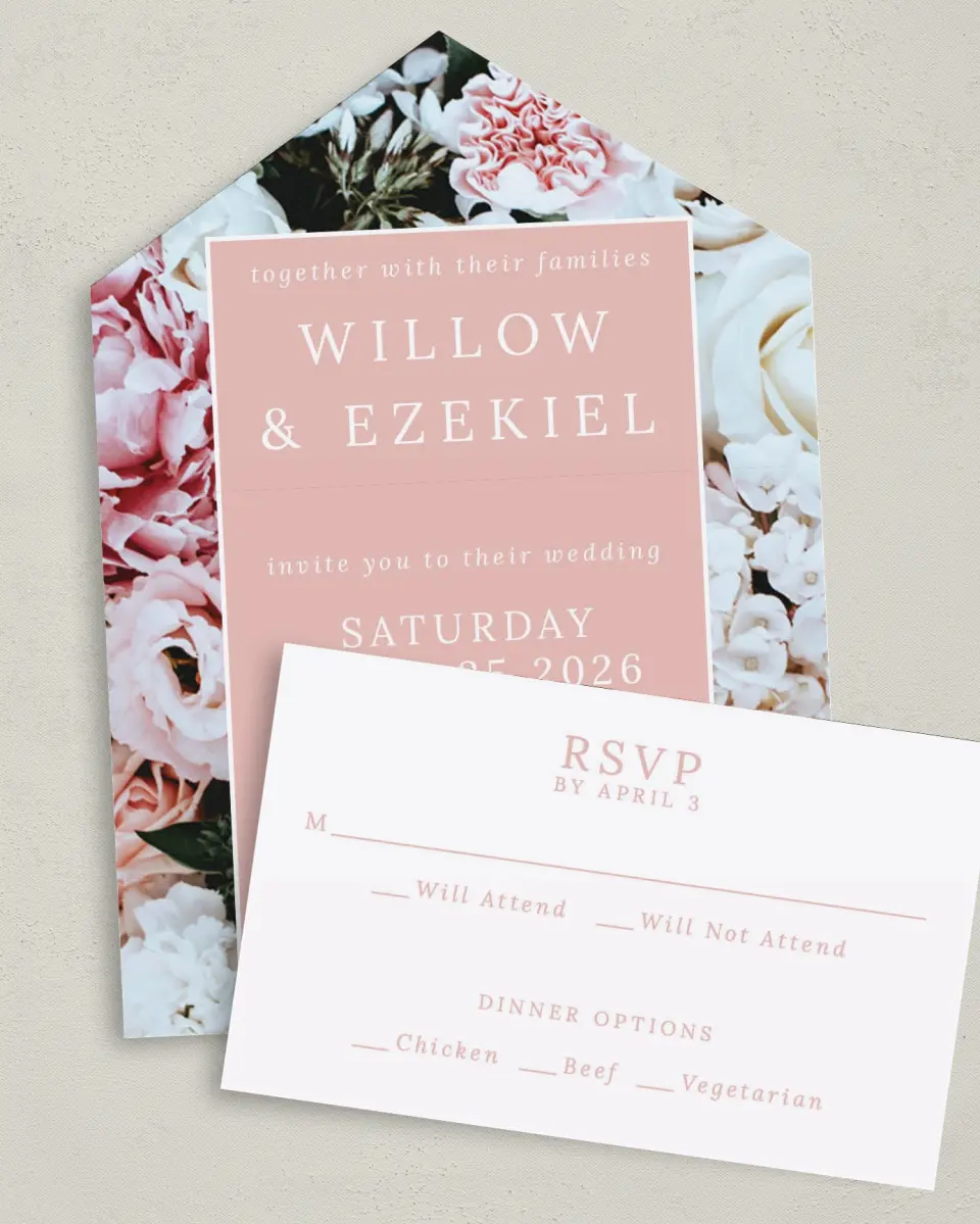 This is a 6" x 4½" All-in-One Wedding Invitation called Fantasia Garden printed in full color on Premium Smooth paper