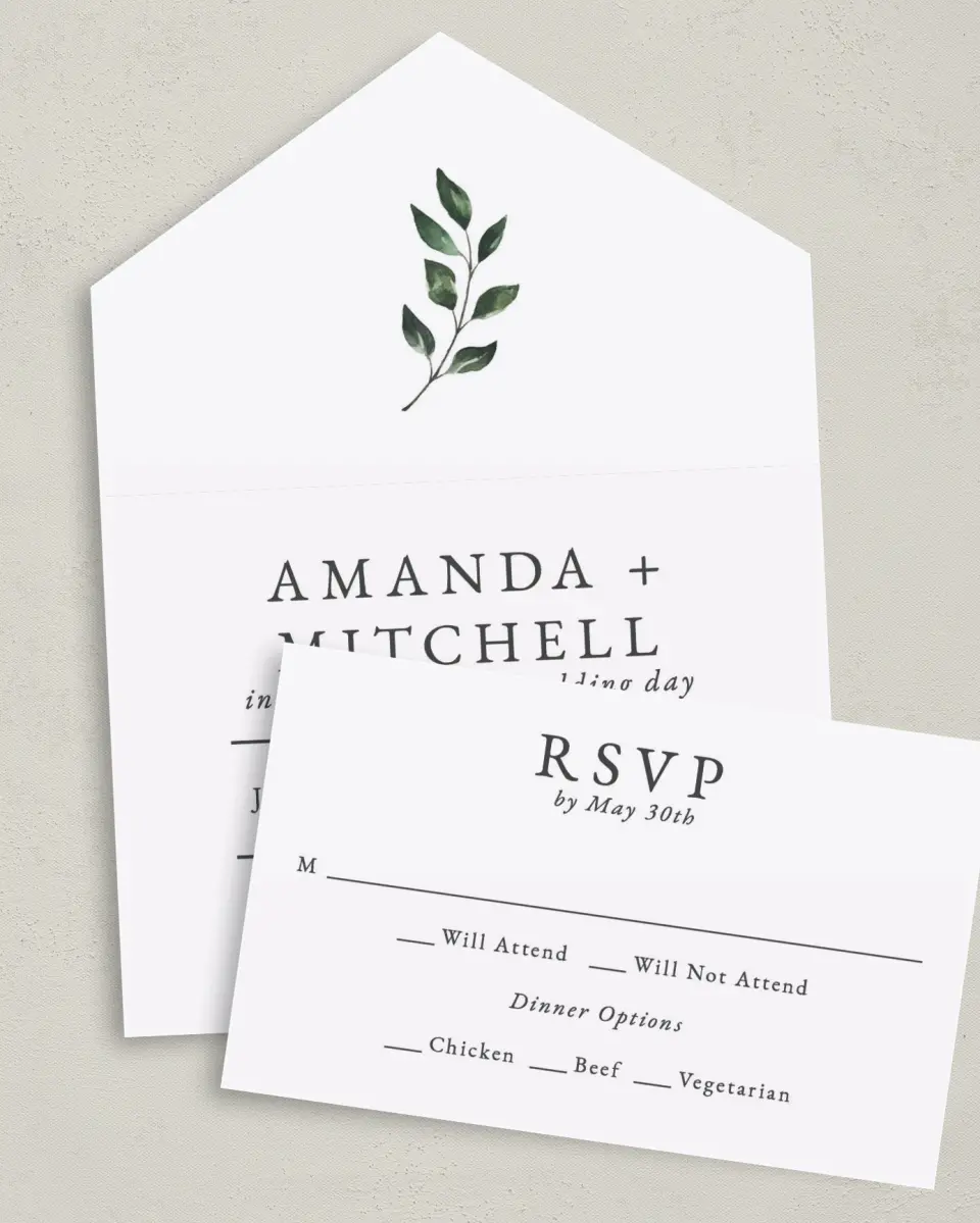 This is a 6" x 4½" All-in-One Wedding Invitation called Sprinkled Sprig printed in full color on Premium Smooth paper