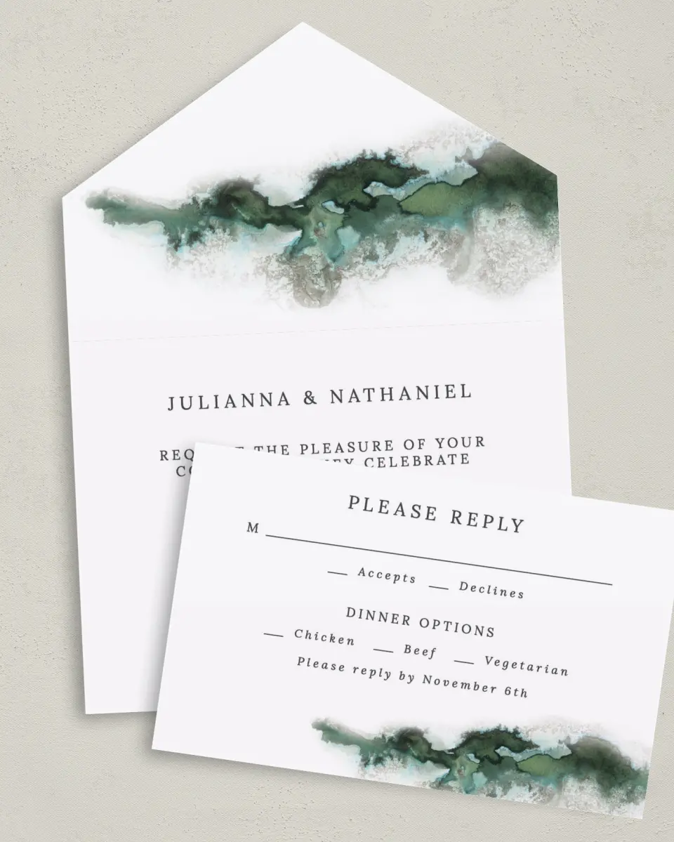 This is a 6" x 4½" All-in-One Wedding Invitation called Ethereal Pool printed in full color on Premium Smooth paper