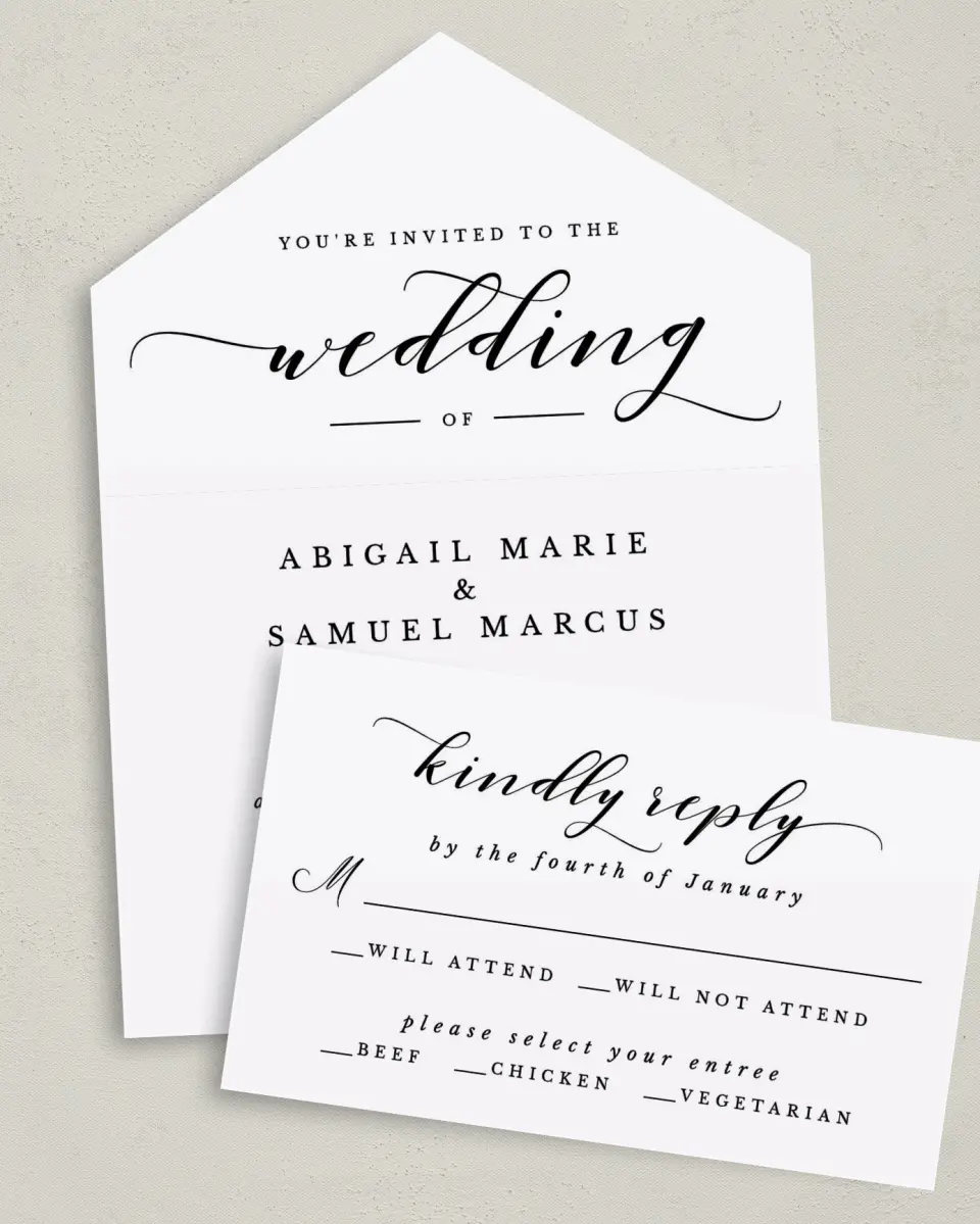 This is a 6" x 4½" All-in-One Wedding Invitation called Timeless Eloquence printed in full color on Premium Smooth paper