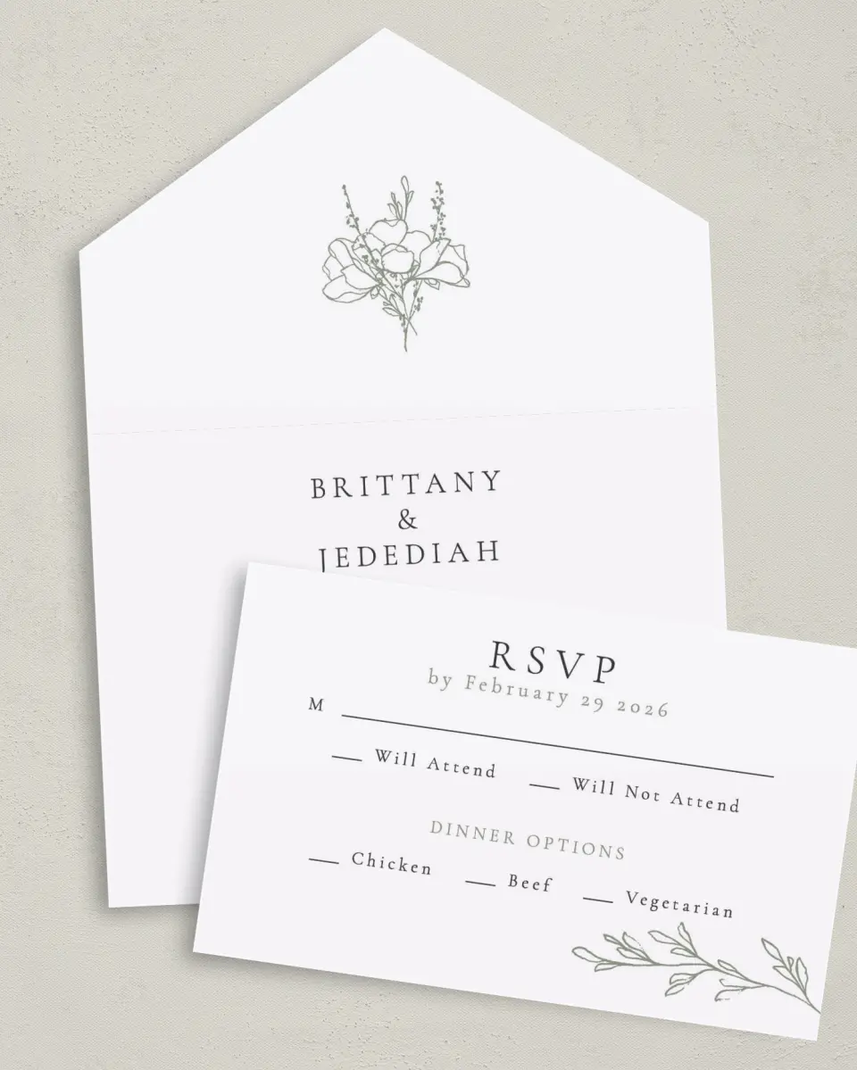 This is a 6" x 4½" All-in-One Wedding Invitation called Poetic Bloom printed in full color on Premium Smooth paper
