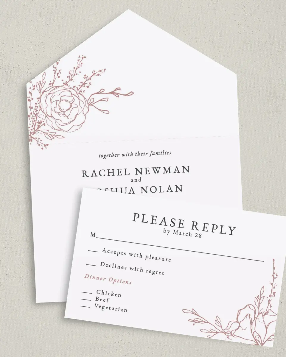 This is a 6" x 4½" All-in-One Wedding Invitation called Blooming Rose printed in full color on Premium Smooth paper
