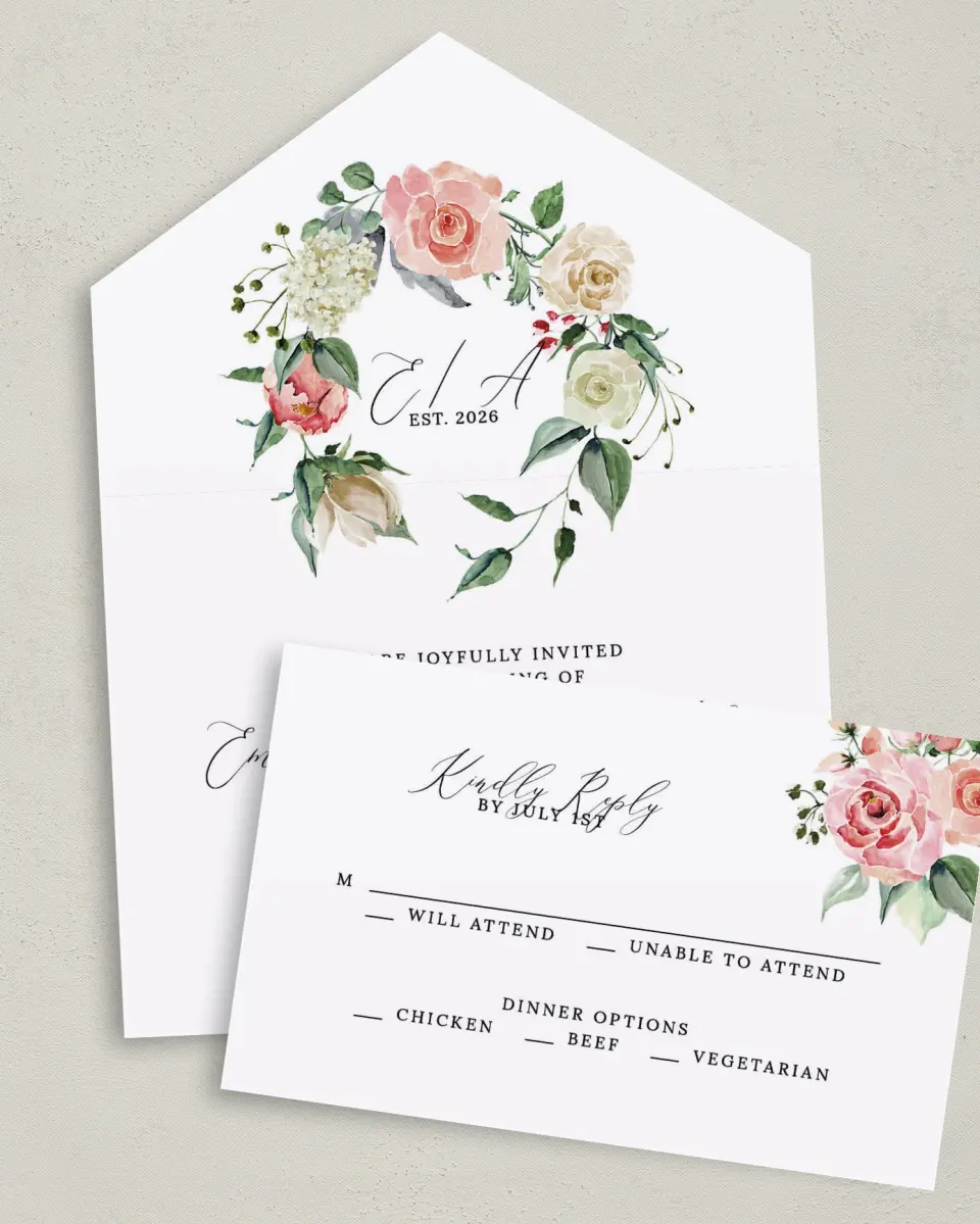 This is a 6" x 4½" All-in-One Wedding Invitation called Enchanted Crown printed in full color on Premium Smooth paper