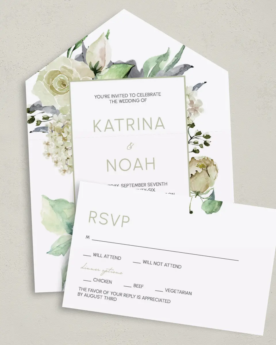 This is a 6" x 4½" All-in-One Wedding Invitation called Divine Romance printed in full color on Premium Smooth paper