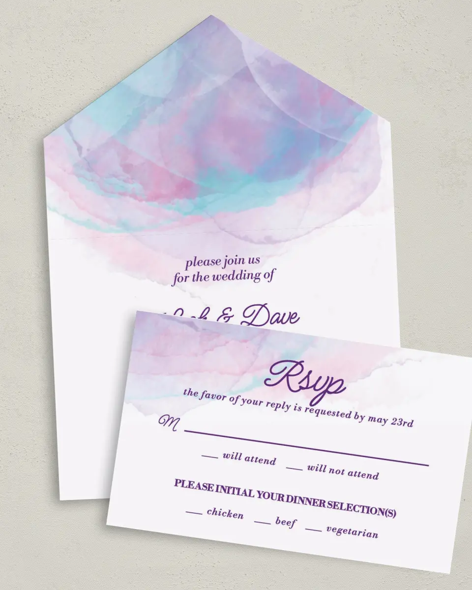 This is a 6" x 4½" All-in-One Wedding Invitation called Joyful Enchantment printed in full color on Premium Smooth paper