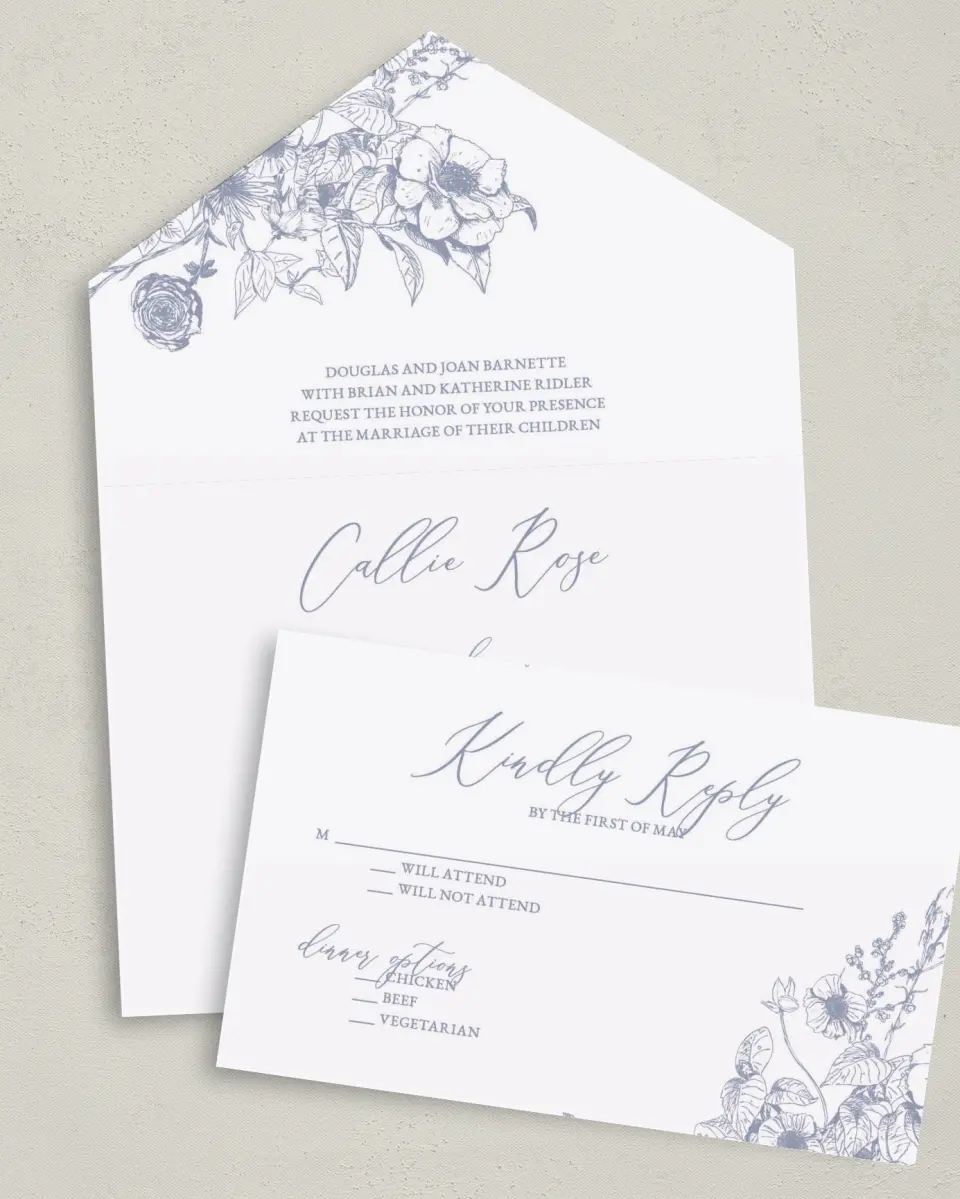 This is a 6" x 4½" All-in-One Wedding Invitation called Golden Blooms printed in full color on Premium Smooth paper