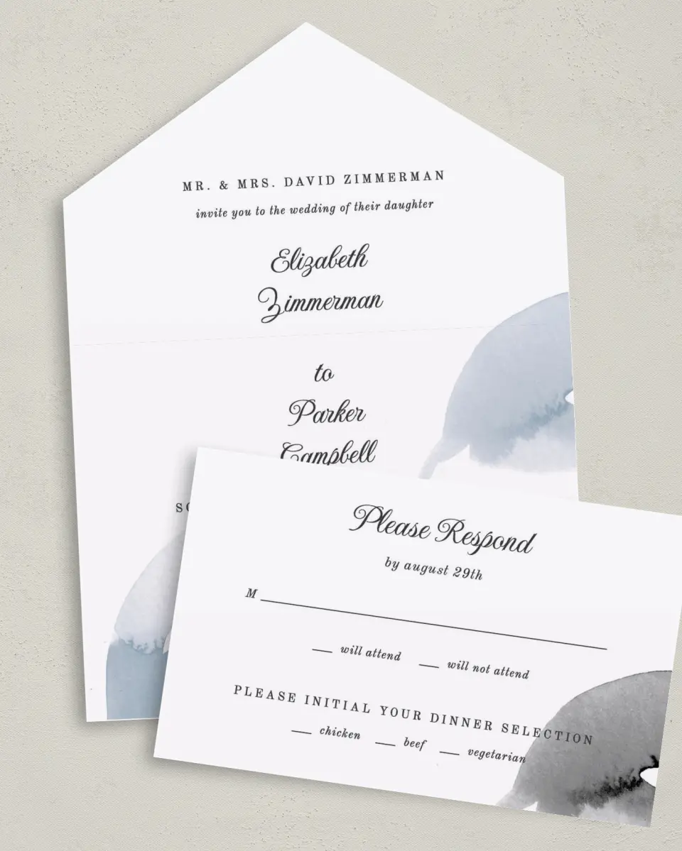 This is a 6" x 4½" All-in-One Wedding Invitation called Painted Majesty printed in full color on Premium Smooth paper