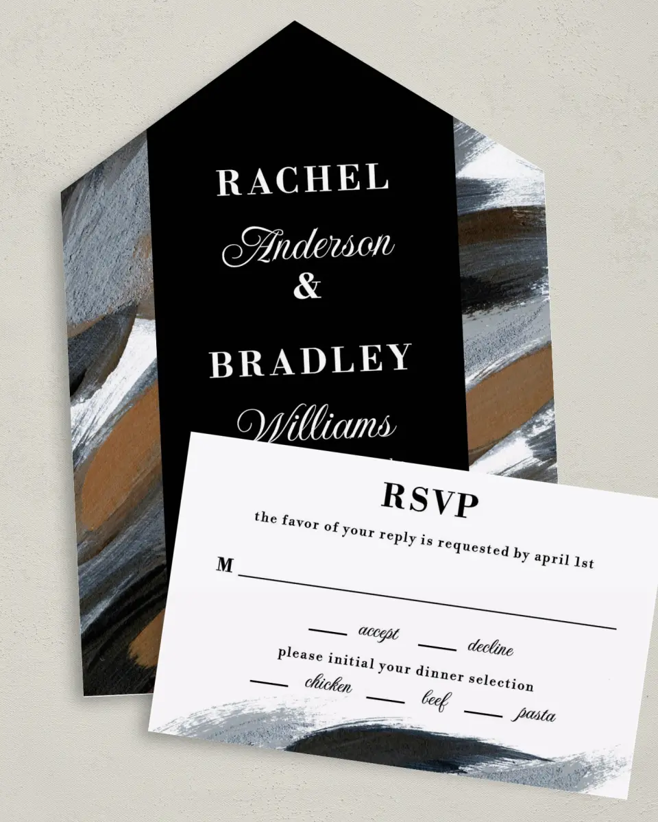 This is a 6" x 4½" All-in-One Wedding Invitation called Moody Swashes printed in full color on Premium Smooth paper