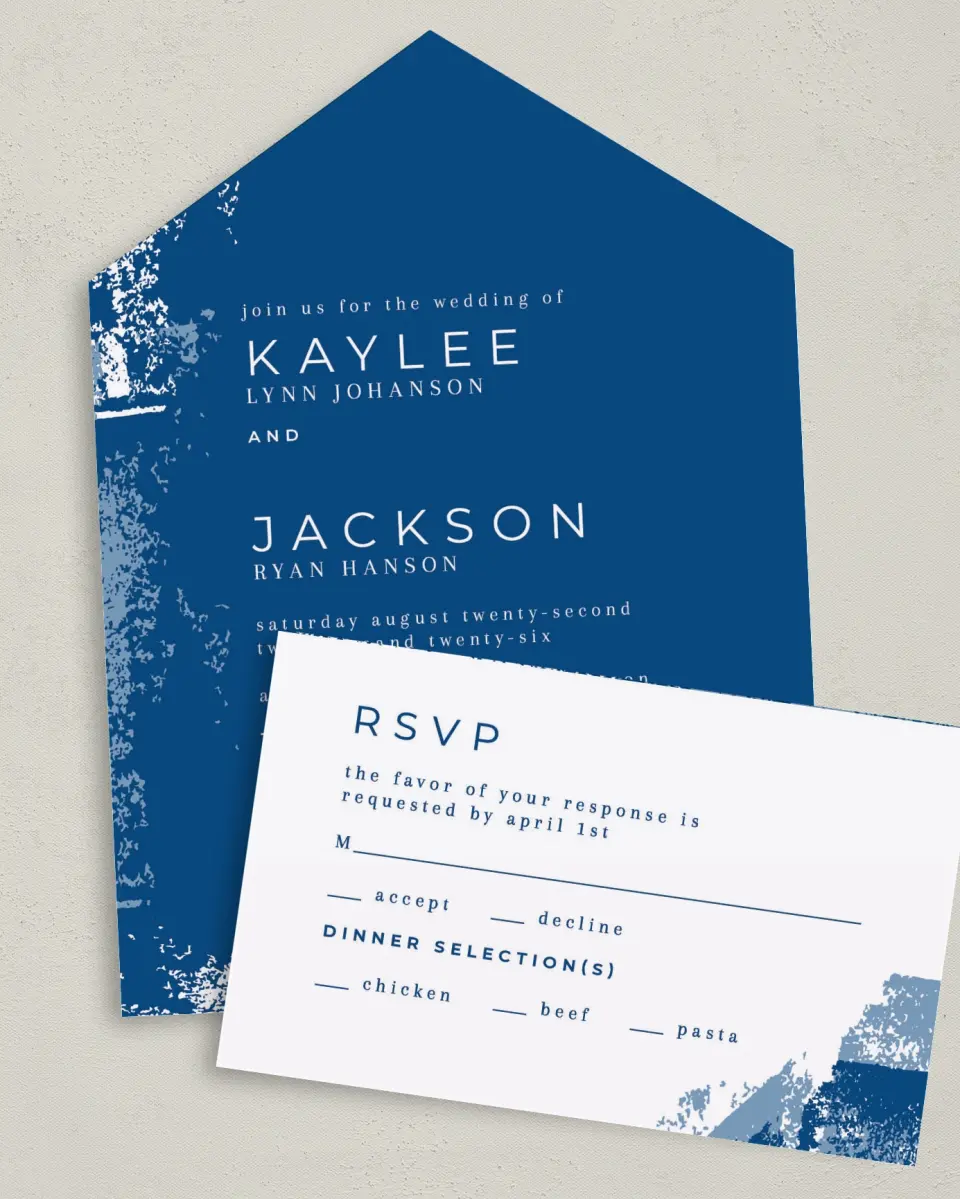 This is a 6" x 4½" All-in-One Wedding Invitation called Set in Stone printed in full color on Premium Smooth paper