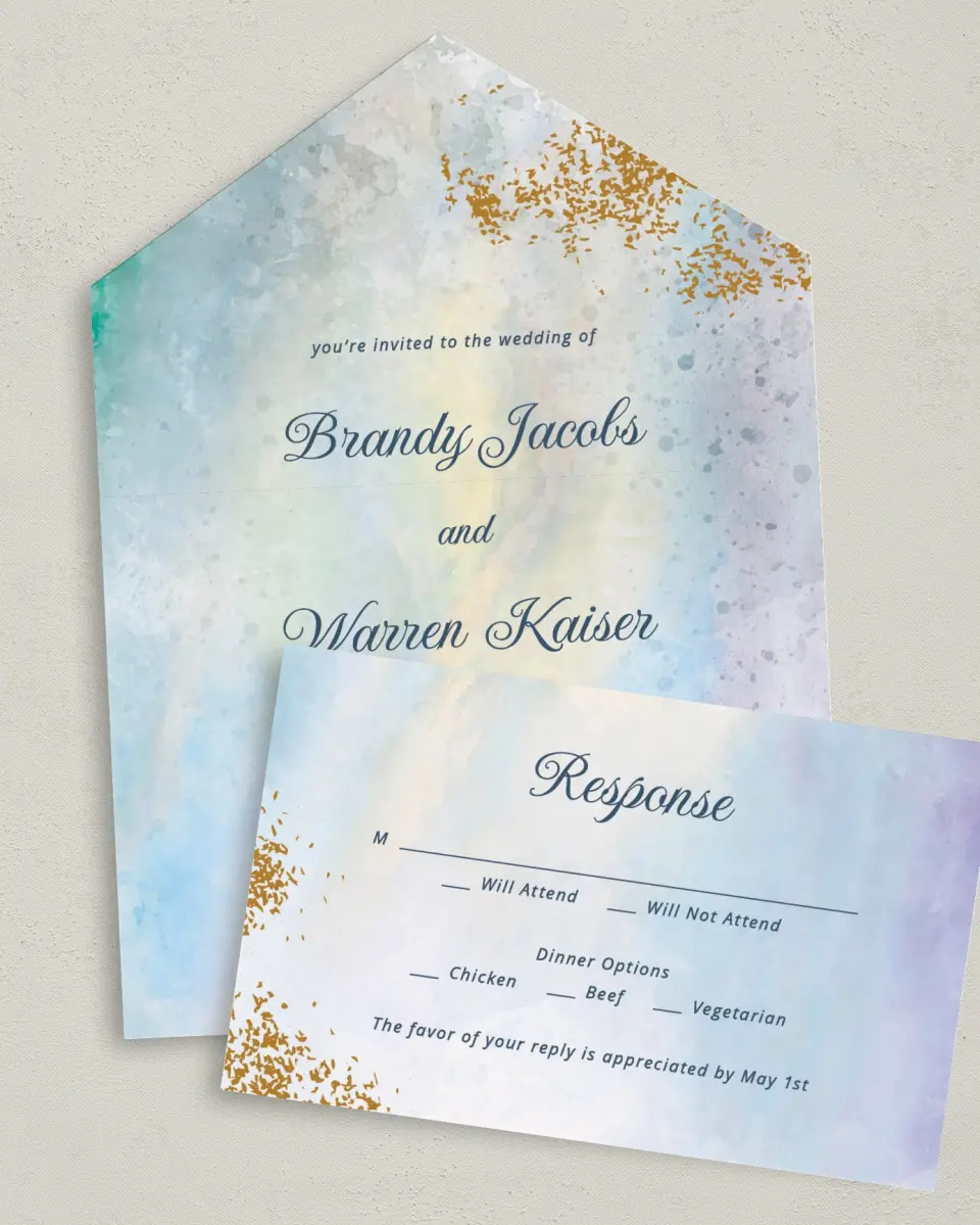 This is a 6" x 4½" All-in-One Wedding Invitation called Dreamy Sky printed in full color on Premium Smooth paper