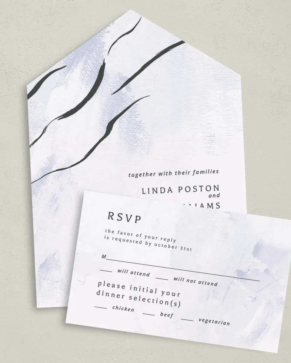 This is a 6" x 4½" All-in-One Wedding Invitation called Gilded Marble printed in full color on Premium Smooth paper