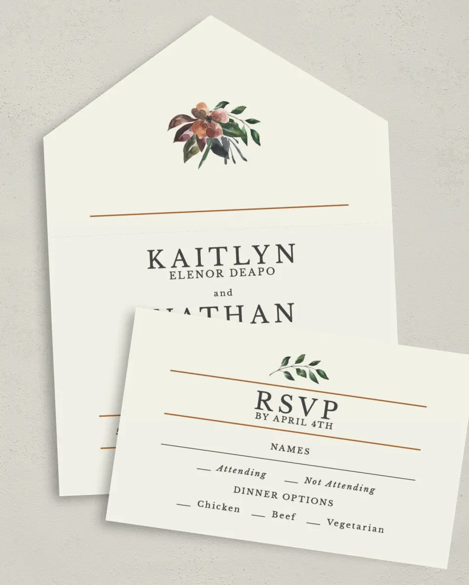This is a 6" x 4½" All-in-One Wedding Invitation called Golden Blooms printed in full color on Premium Smooth paper