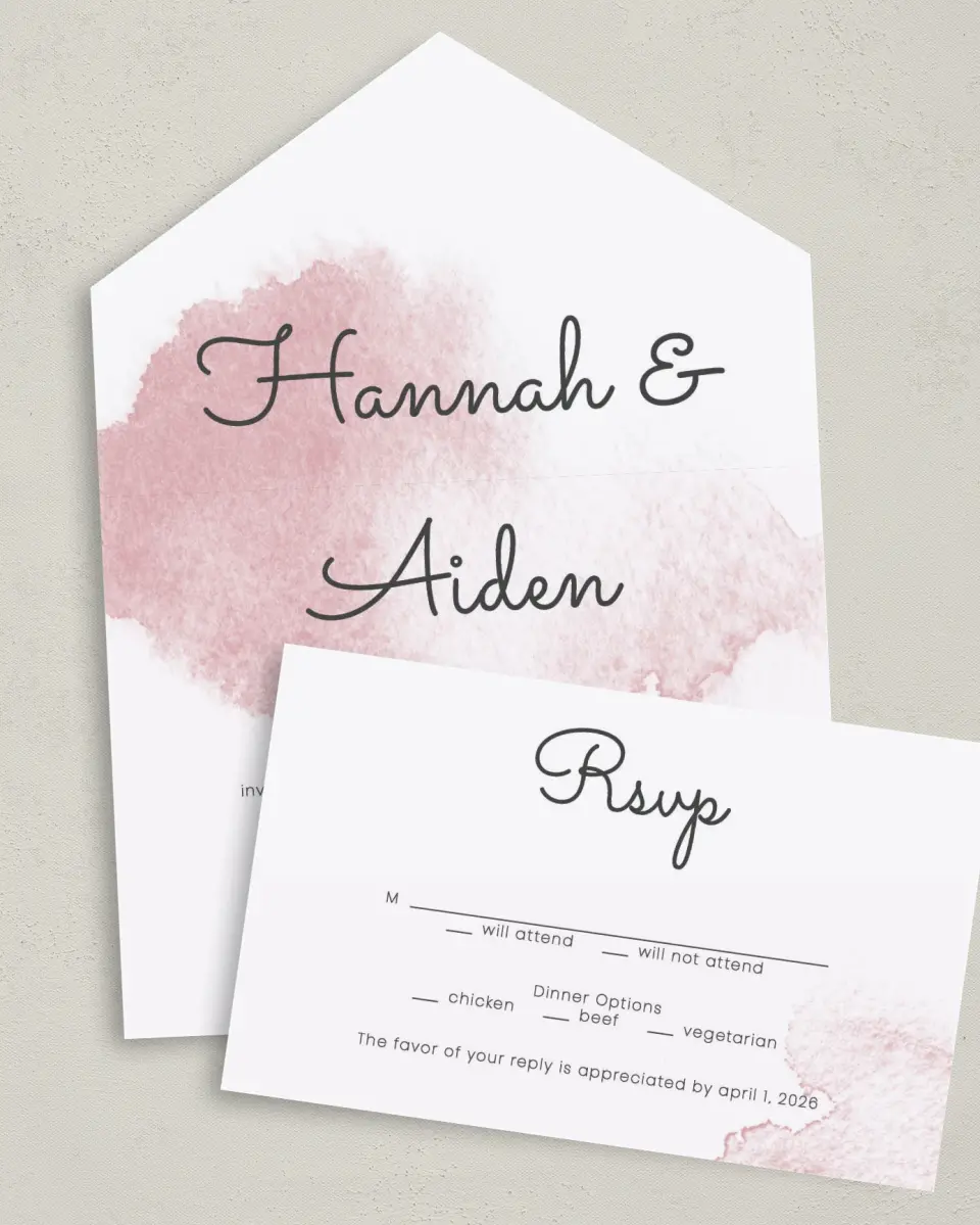 This is a 6" x 4½" All-in-One Wedding Invitation called Watercolor Rapture printed in full color on Premium Smooth paper