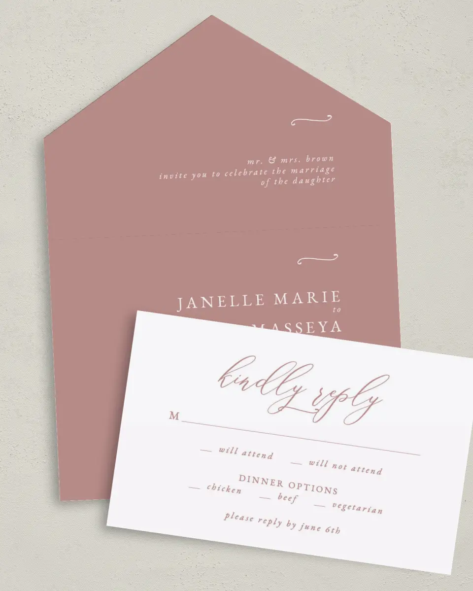 This is a 6" x 4½" All-in-One Wedding Invitation called Modern Whisper printed in full color on Premium Smooth paper