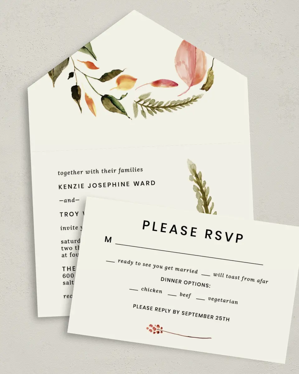This is a 6" x 4½" All-in-One Wedding Invitation called Faintly Fall printed in full color on Premium Smooth paper