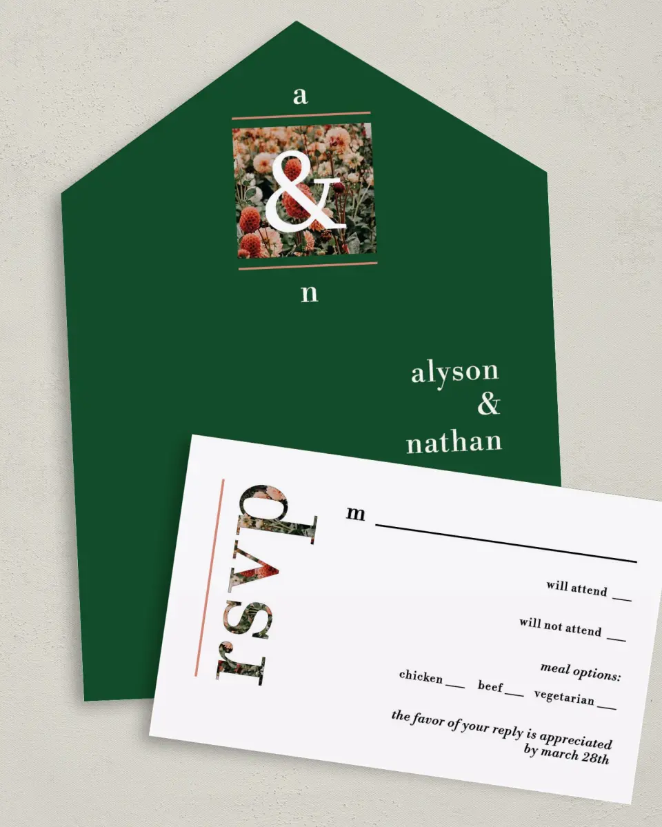 This is a 6" x 4½" All-in-One Wedding Invitation called Dreamy Meadows printed in full color on Premium Smooth paper