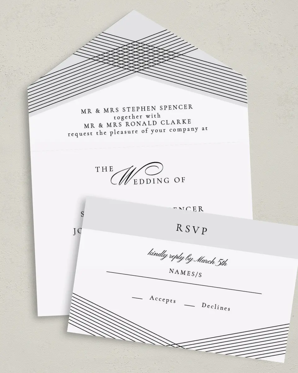 This is a 6" x 4½" All-in-One Wedding Invitation called Dearest Lines printed in full color on Premium Smooth paper