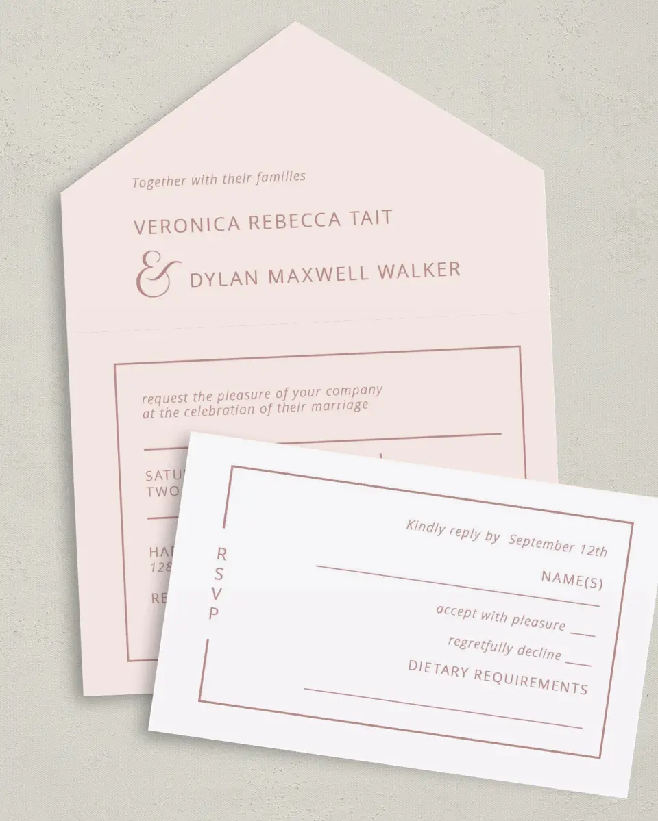 This is a 6" x 4½" All-in-One Wedding Invitation called Neat Arrangement printed in full color on Premium Smooth paper