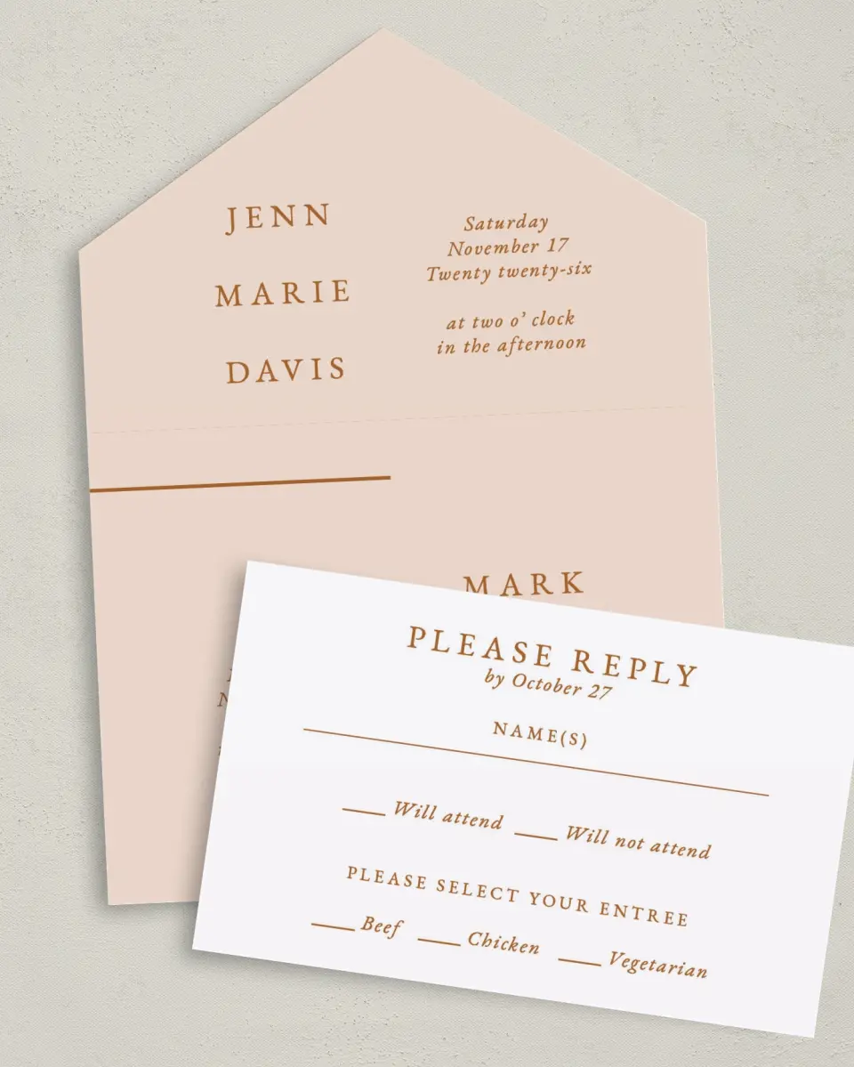 This is a 6" x 4½" All-in-One Wedding Invitation called Adorable Duo printed in full color on Premium Smooth paper