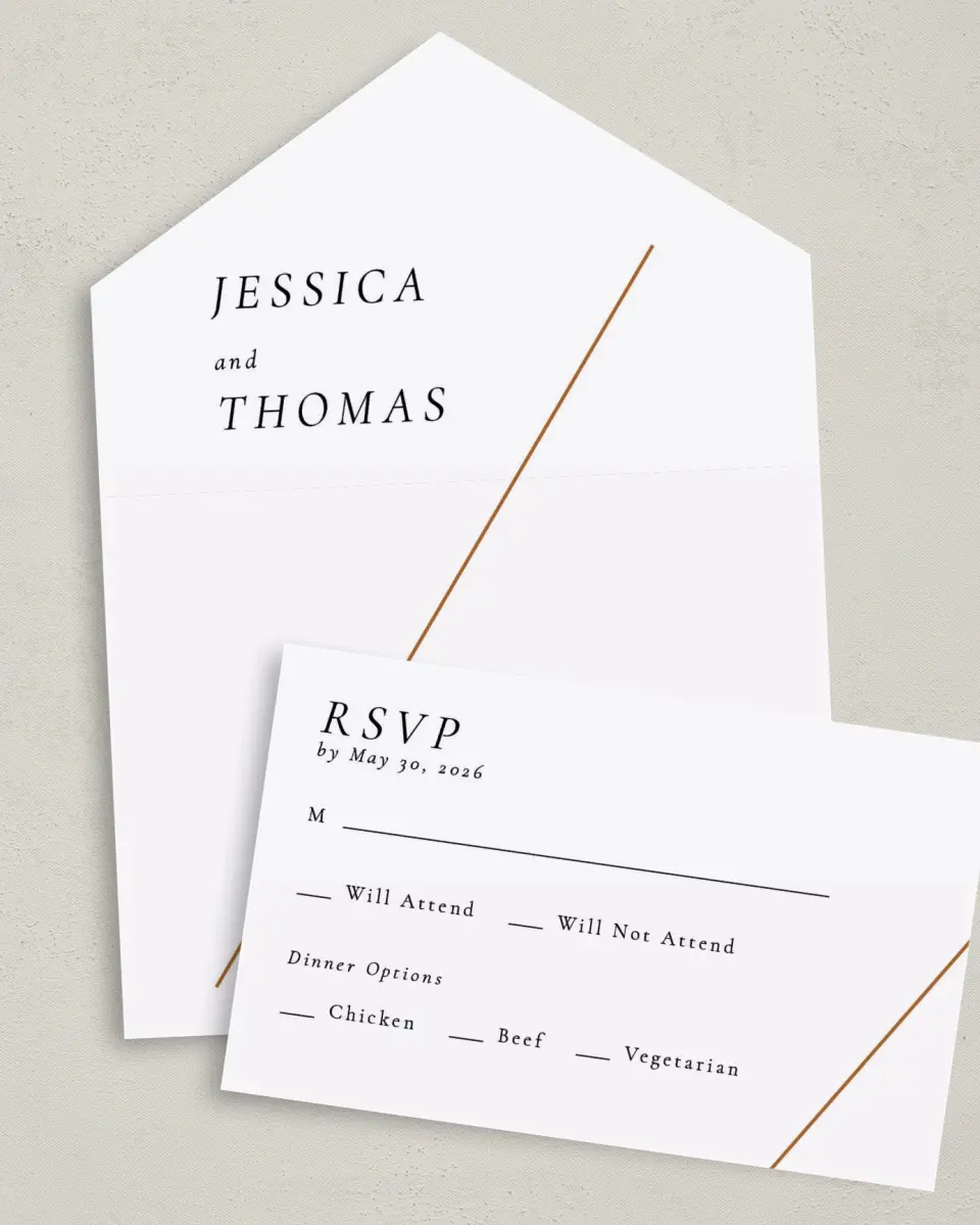 This is a 6" x 4½" All-in-One Wedding Invitation called Sneak Peek printed in full color on Premium Smooth paper