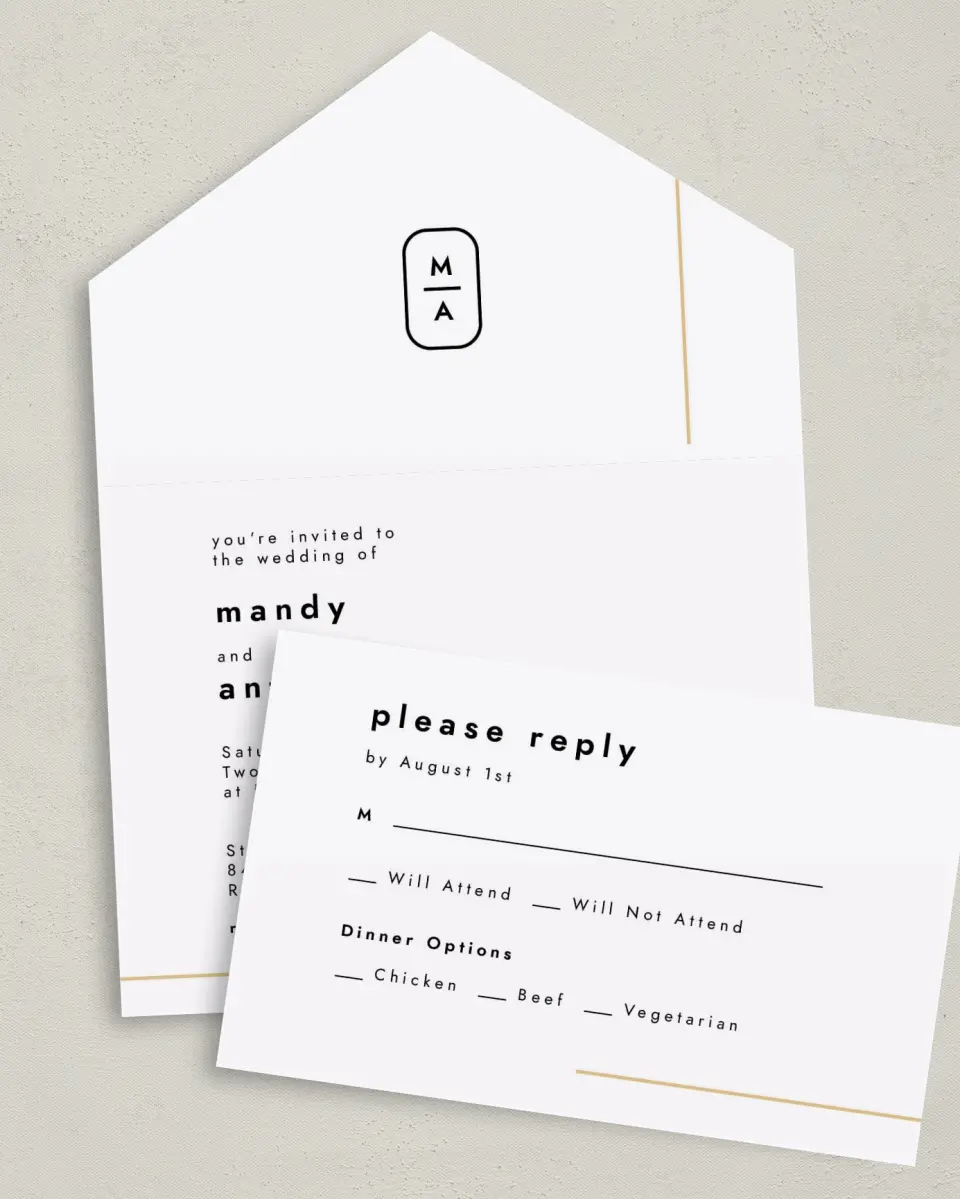 This is a 6" x 4½" All-in-One Wedding Invitation called The Proposal printed in full color on Premium Smooth paper
