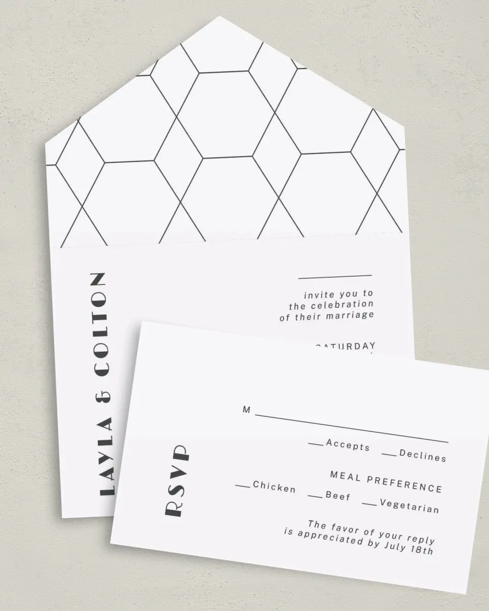This is a 6" x 4½" All-in-One Wedding Invitation called Boldly Forward printed in full color on Premium Smooth paper