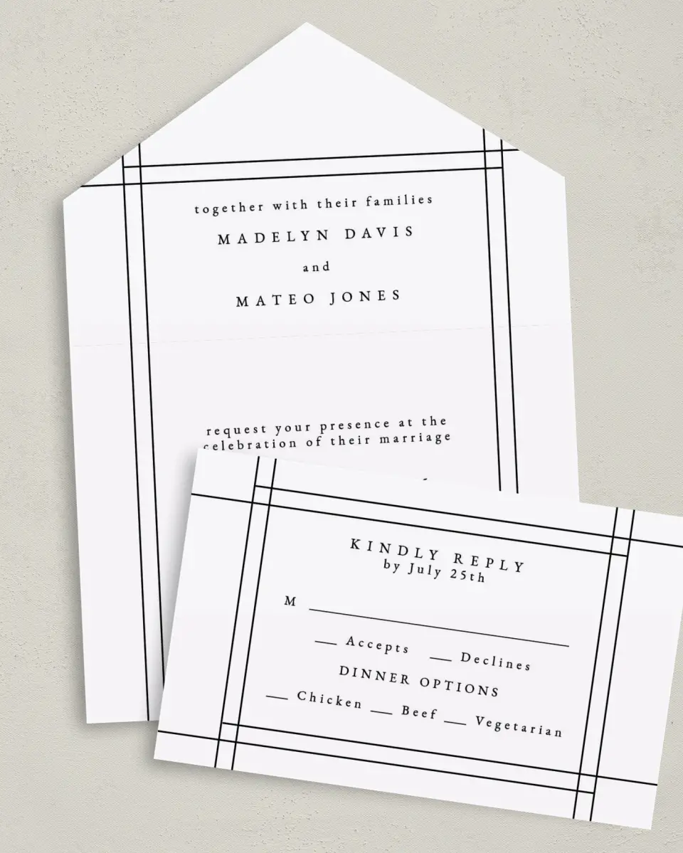 This is a 6" x 4½" All-in-One Wedding Invitation called Mod Frame printed in full color on Premium Smooth paper