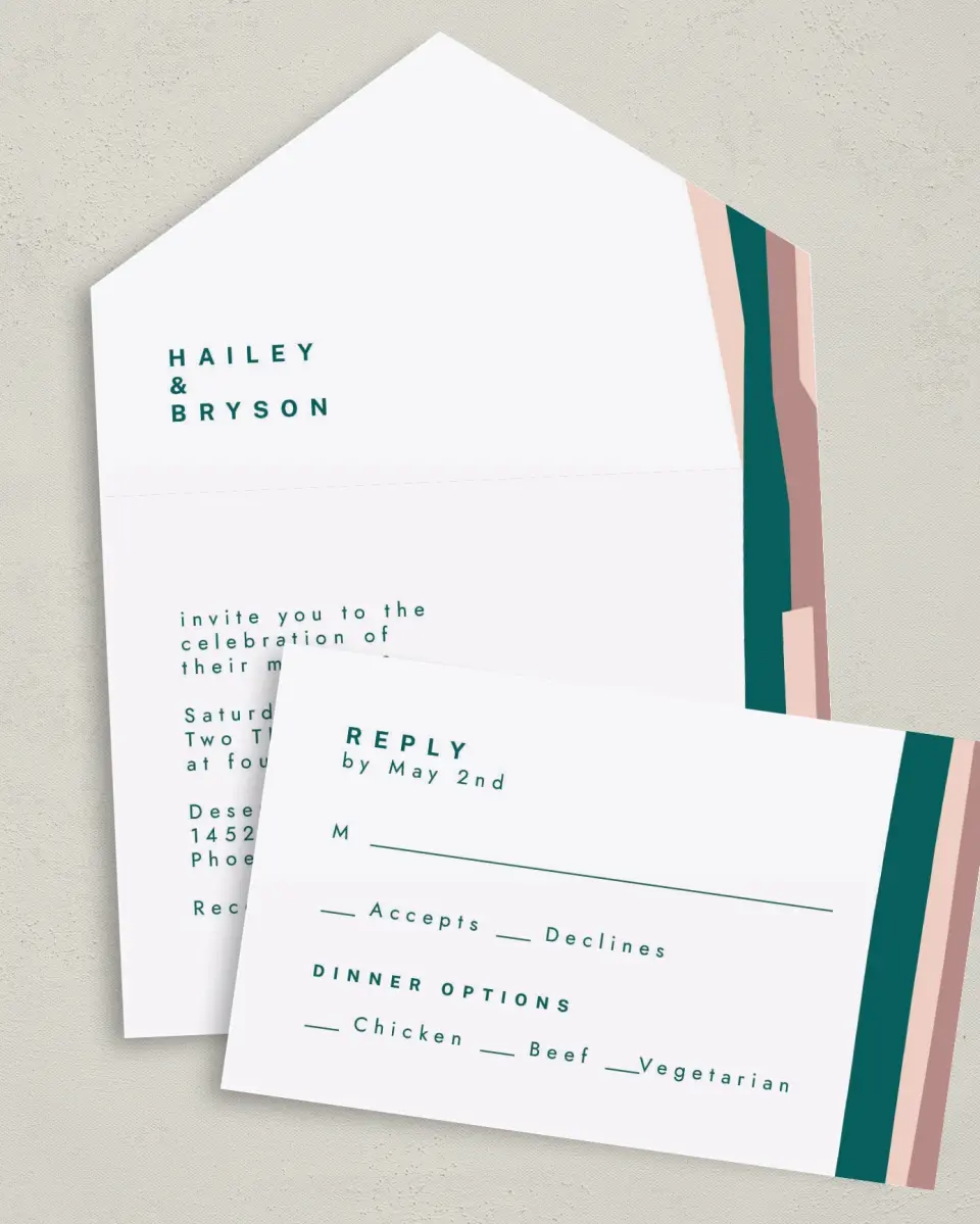 This is a 6" x 4½" All-in-One Wedding Invitation called Shaped Love printed in full color on Premium Smooth paper