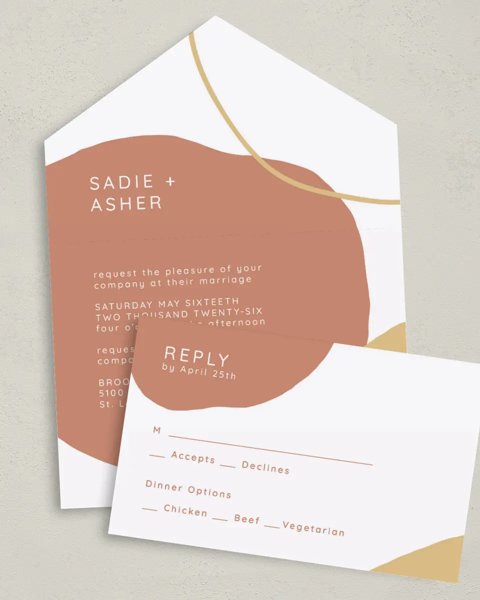 This is a 6" x 4½" All-in-One Wedding Invitation called Contemporary Bubbles printed in full color on Premium Smooth paper