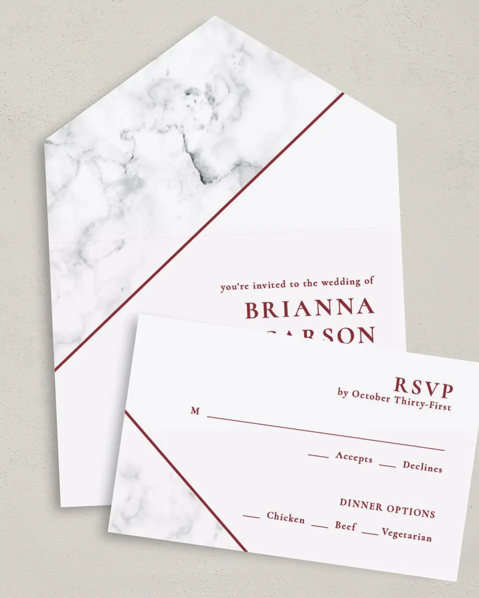 This is a 6" x 4½" All-in-One Wedding Invitation called Bold Banner printed in full color on Premium Smooth paper