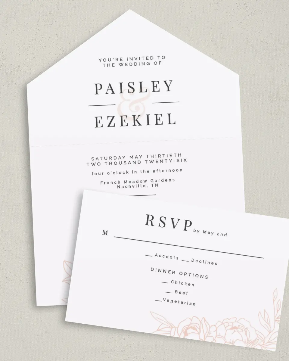 This is a 6" x 4½" All-in-One Wedding Invitation called Floral Outline printed in full color on Premium Smooth paper