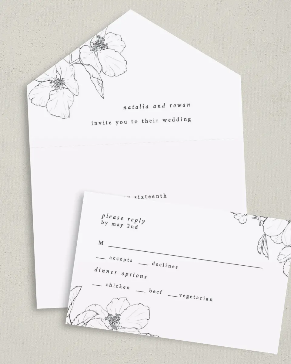This is a 6" x 4½" All-in-One Wedding Invitation called Hibiscus Hideaway printed in full color on Premium Smooth paper