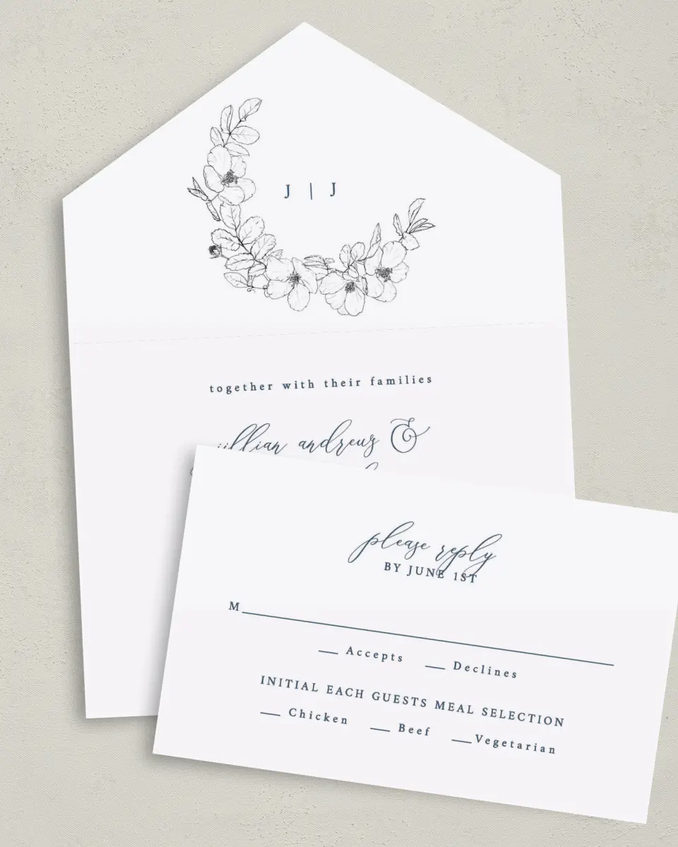This is a 6" x 4½" All-in-One Wedding Invitation called Floral Sketch printed in full color on Premium Smooth paper