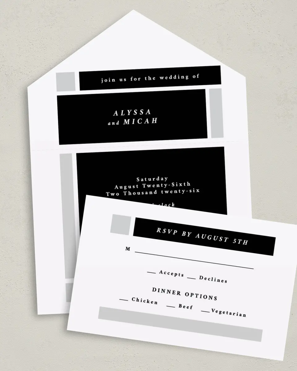 This is a 6" x 4½" All-in-One Wedding Invitation called Framed Boxes printed in full color on Premium Smooth paper
