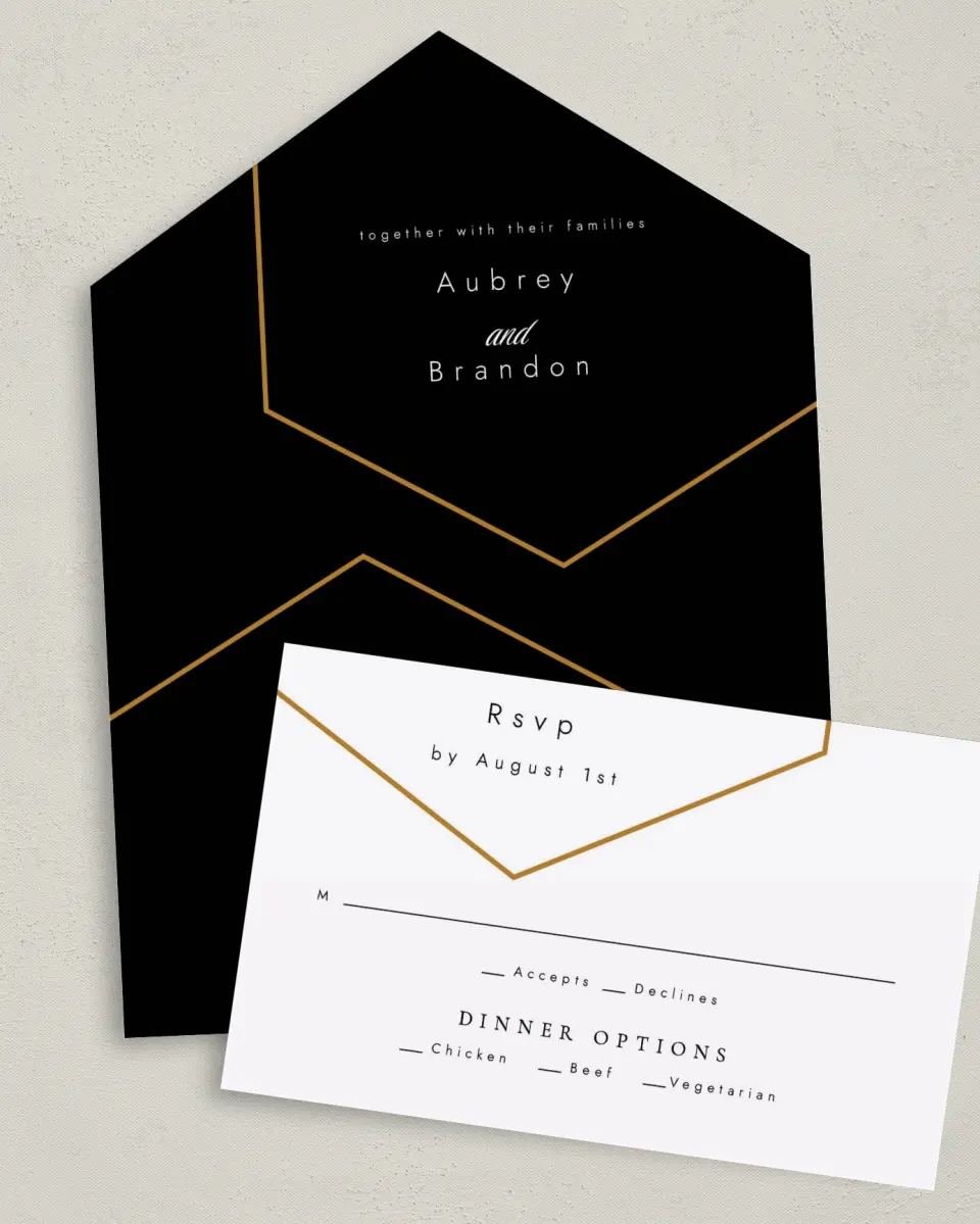 This is a 6" x 4½" All-in-One Wedding Invitation called Love's Ribbon printed in full color on Premium Smooth paper