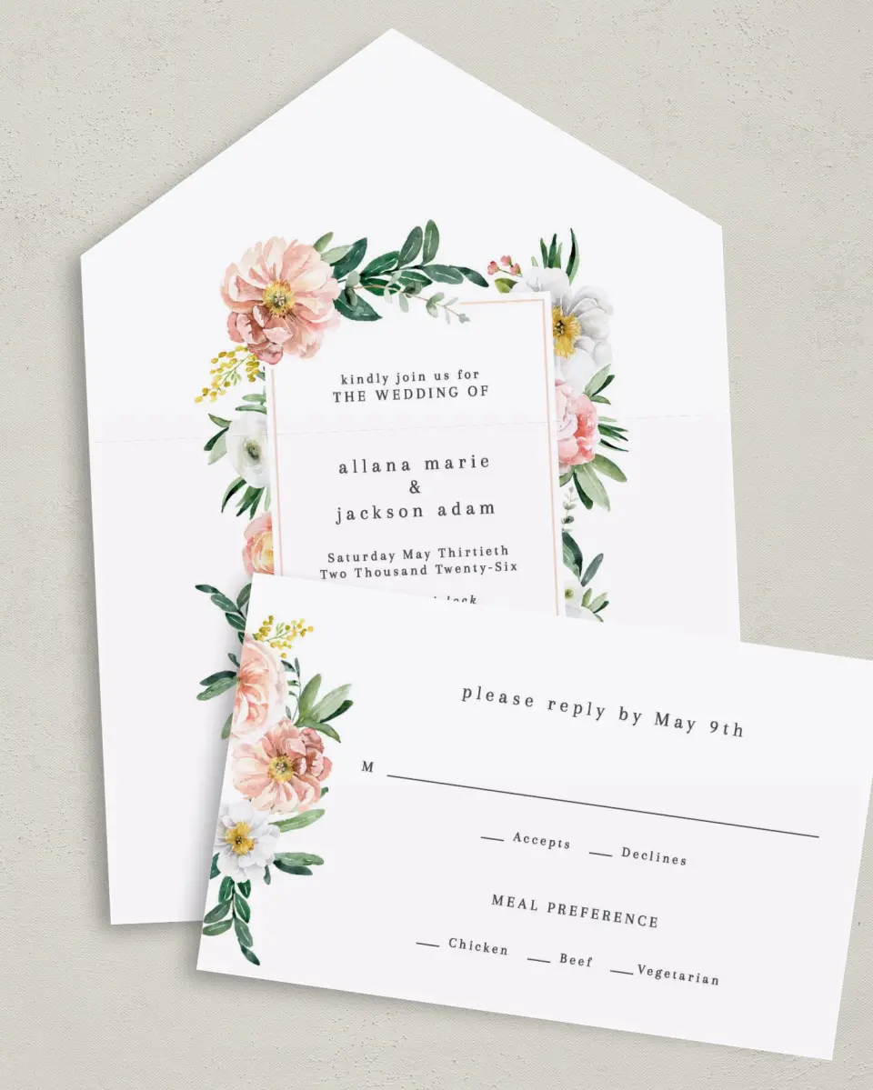 This is a 6" x 4½" All-in-One Wedding Invitation called Delicate Florals printed in full color on Premium Smooth paper