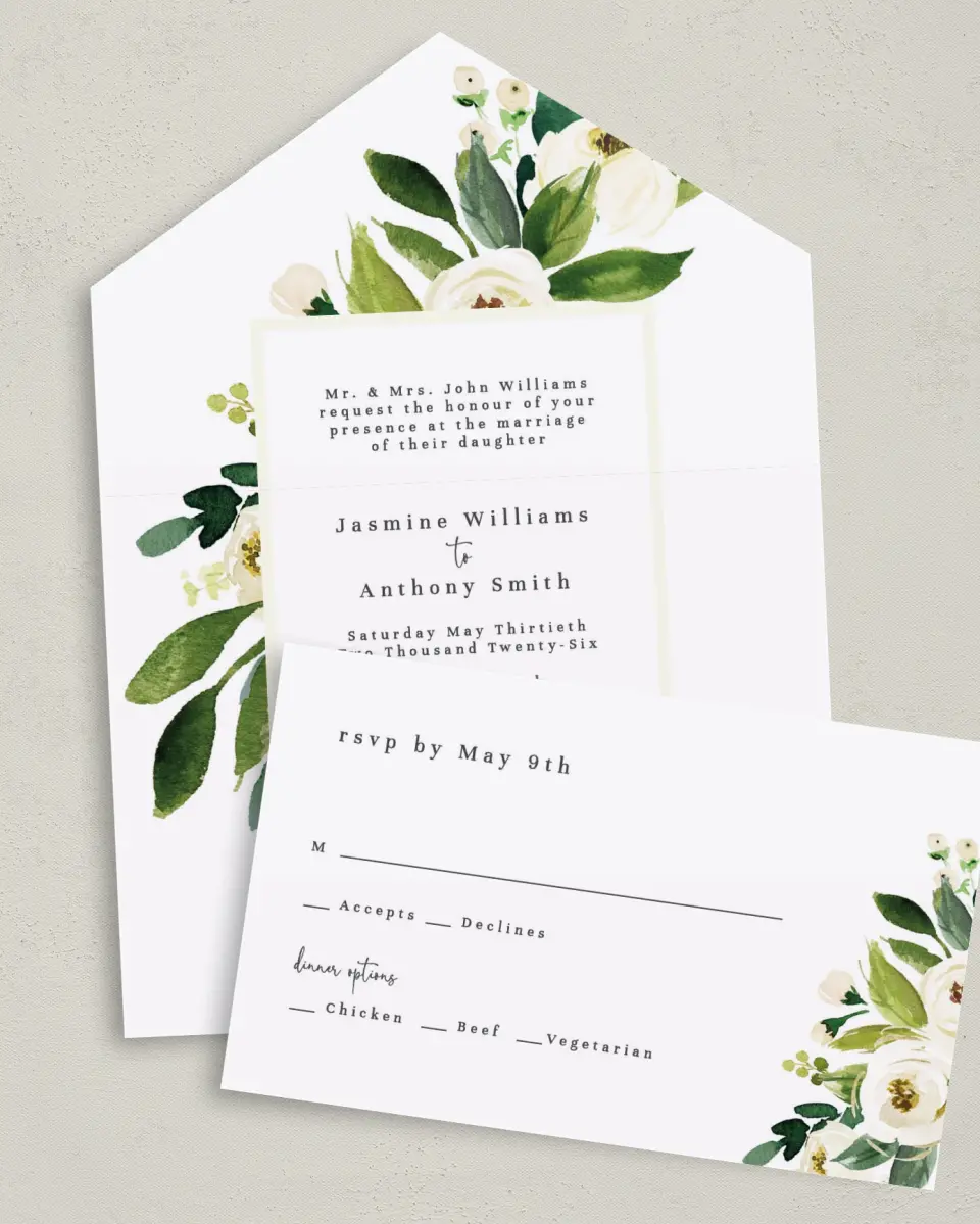 This is a 6" x 4½" All-in-One Wedding Invitation called Wedding Florals printed in full color on Premium Smooth paper