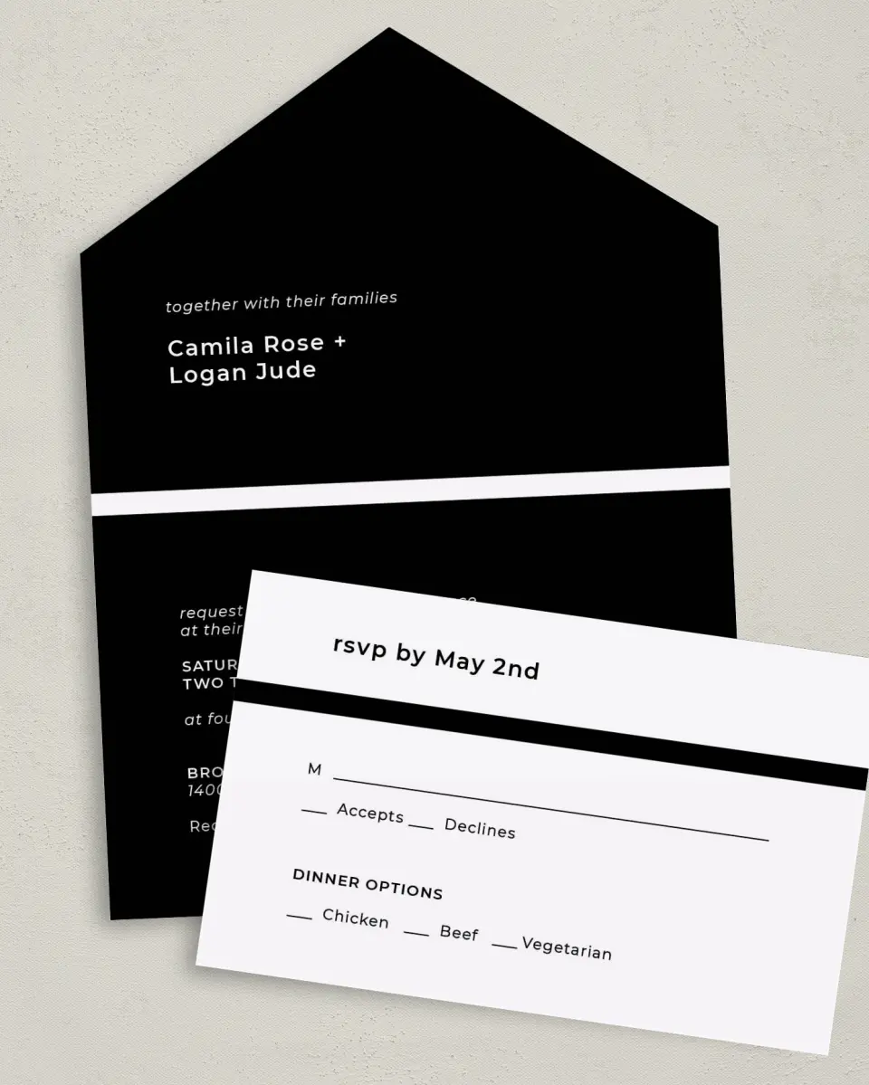 This is a 6" x 4½" All-in-One Wedding Invitation called Bold Heading printed in full color on Premium Smooth paper