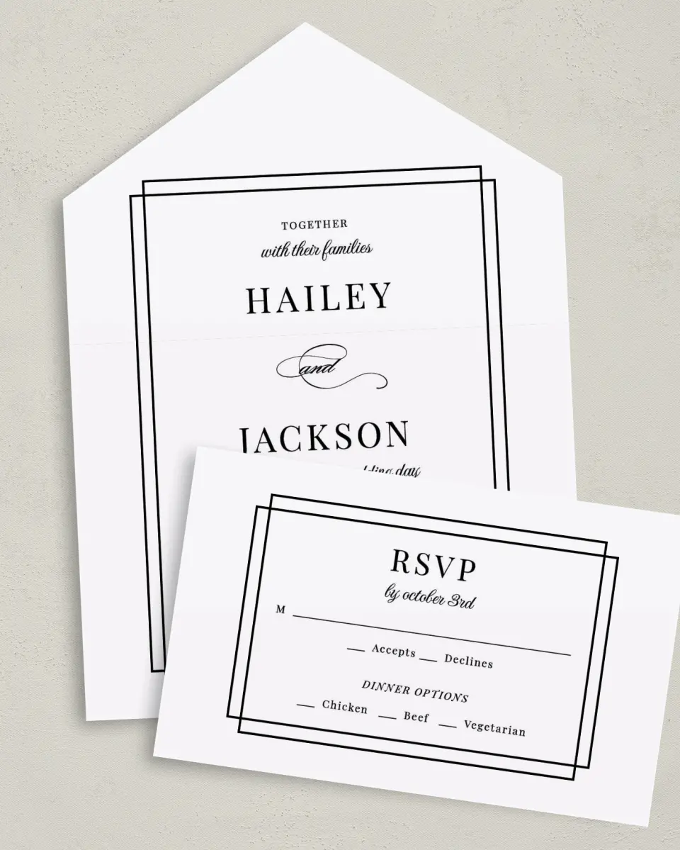 This is a 6" x 4½" All-in-One Wedding Invitation called Because You're Mine printed in full color on Premium Smooth paper
