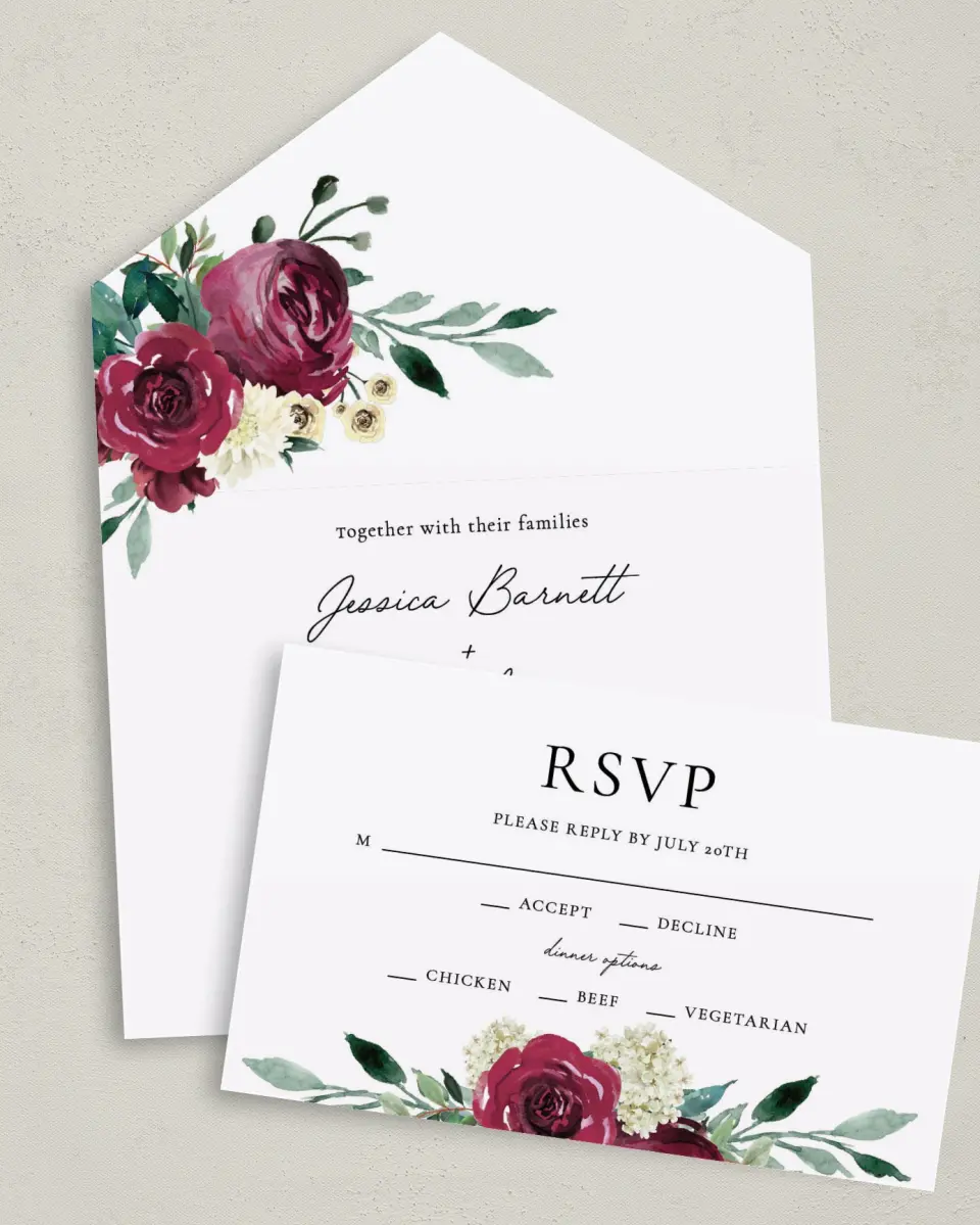 This is a 6" x 4½" All-in-One Wedding Invitation called Floral Touch printed in full color on Premium Smooth paper