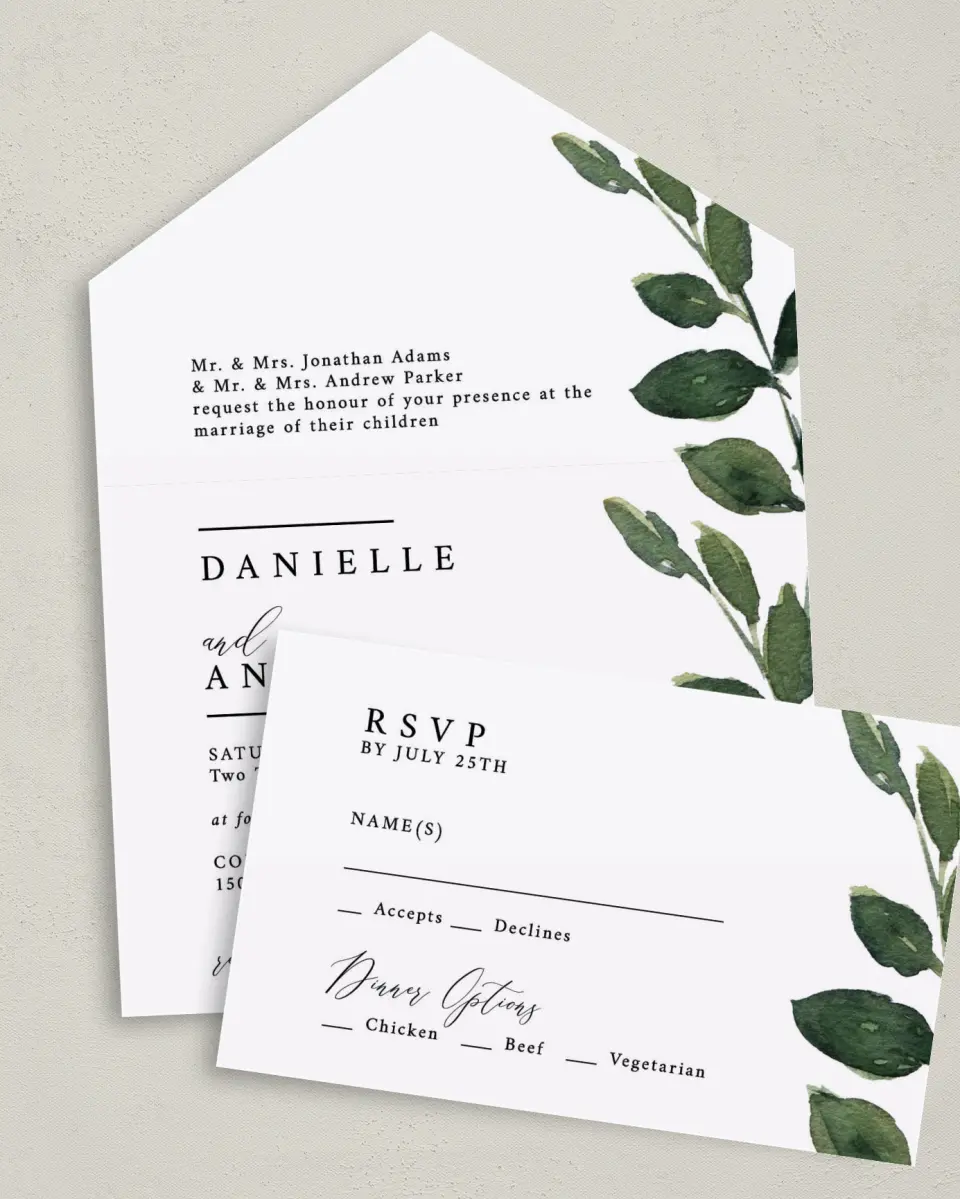 This is a 6" x 4½" All-in-One Wedding Invitation called All for Love printed in full color on Premium Smooth paper