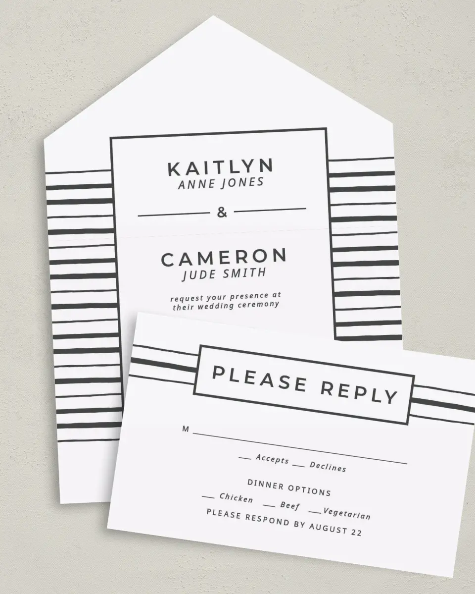 This is a 6" x 4½" All-in-One Wedding Invitation called Love on the Line printed in full color on Premium Smooth paper