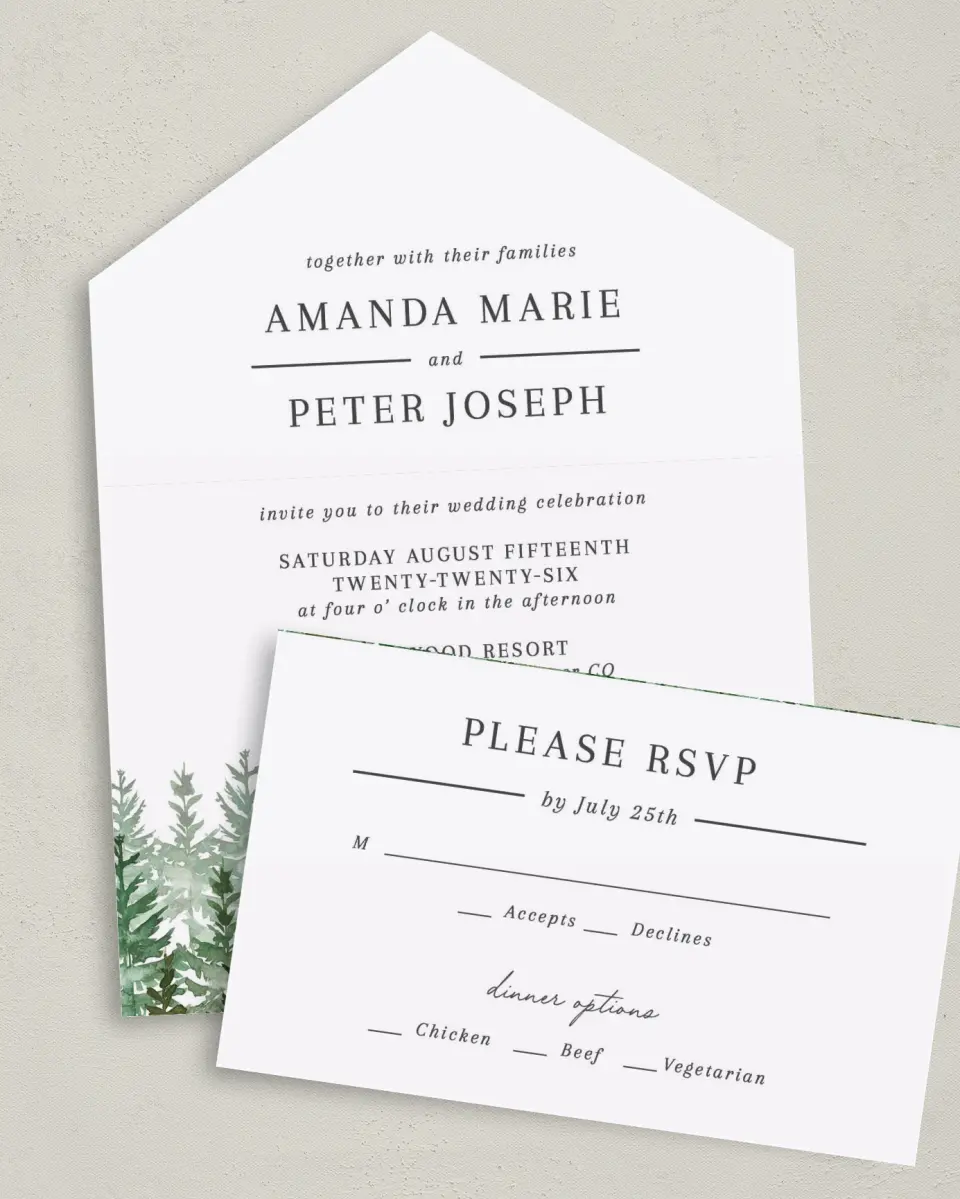 This is a 6" x 4½" All-in-One Wedding Invitation called Ethereal Evergreens printed in full color on Premium Smooth paper