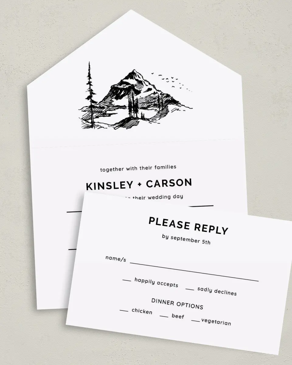 This is a 6" x 4½" All-in-One Wedding Invitation called Mountain Romance printed in full color on Premium Smooth paper