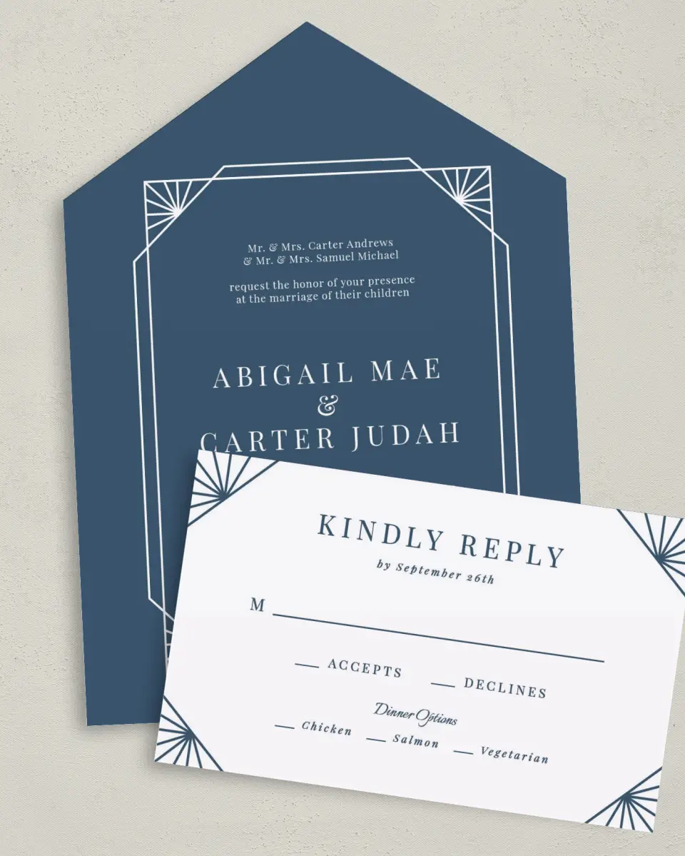 This is a 6" x 4½" All-in-One Wedding Invitation called Mod Deco printed in full color on Premium Smooth paper