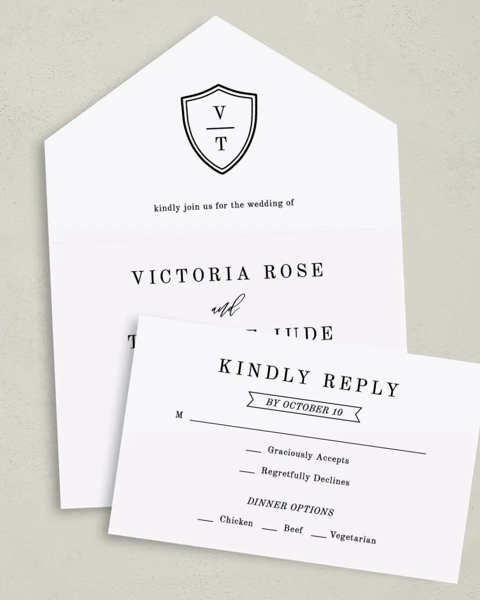 This is a 6" x 4½" All-in-One Wedding Invitation called Shield of Love printed in full color on Premium Smooth paper
