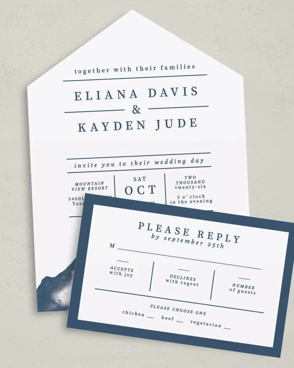 This is a 6" x 4½" All-in-One Wedding Invitation called Perfect Peak printed in full color on Premium Smooth paper