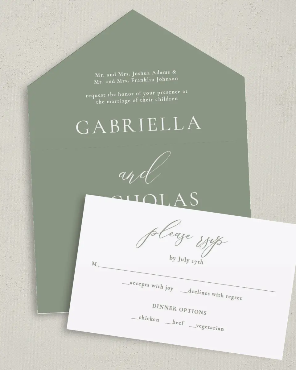 This is a 6" x 4½" All-in-One Wedding Invitation called Minimalist Type printed in full color on Premium Smooth paper