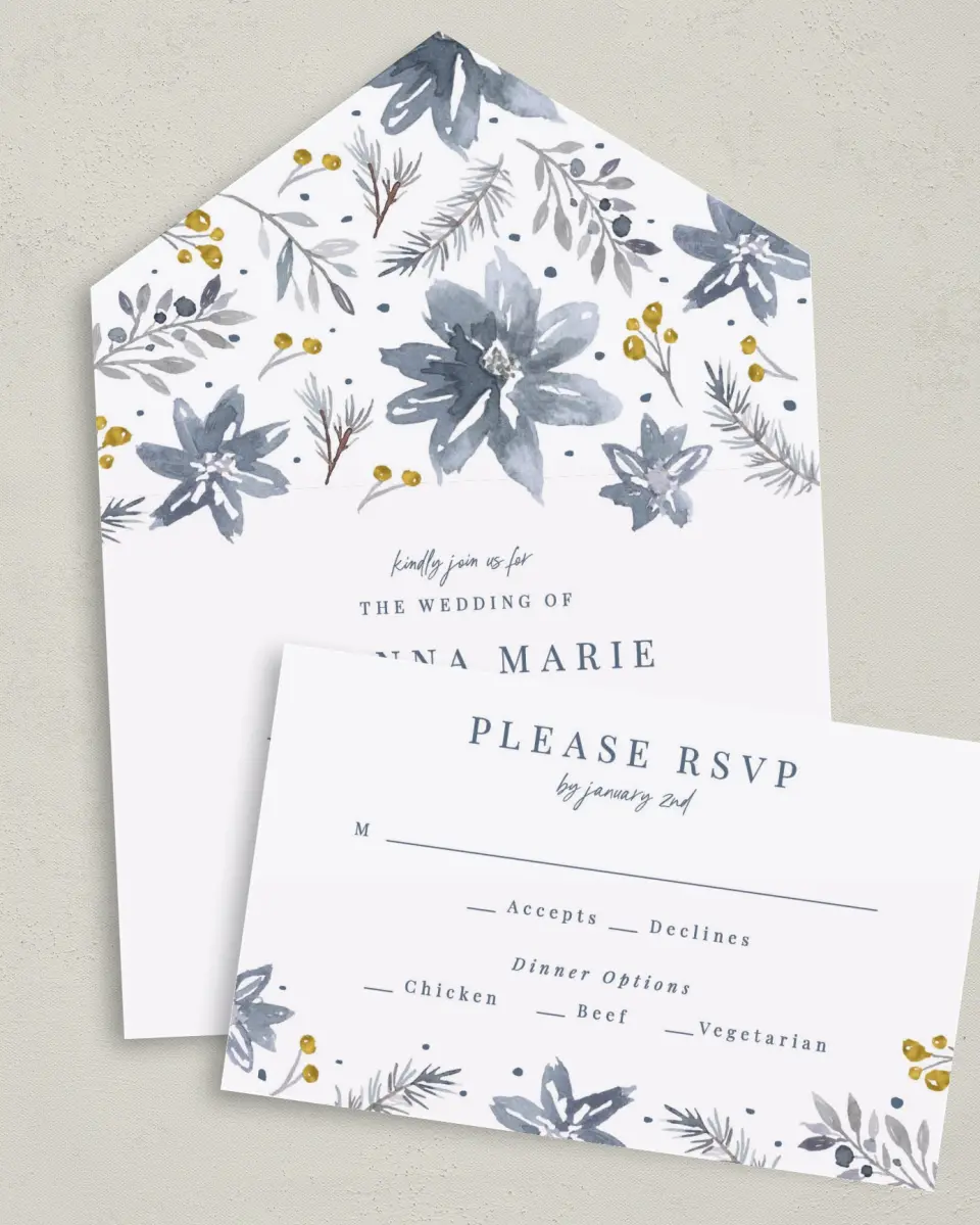 This is a 6" x 4½" All-in-One Wedding Invitation called Winter Floral printed in full color on Premium Smooth paper