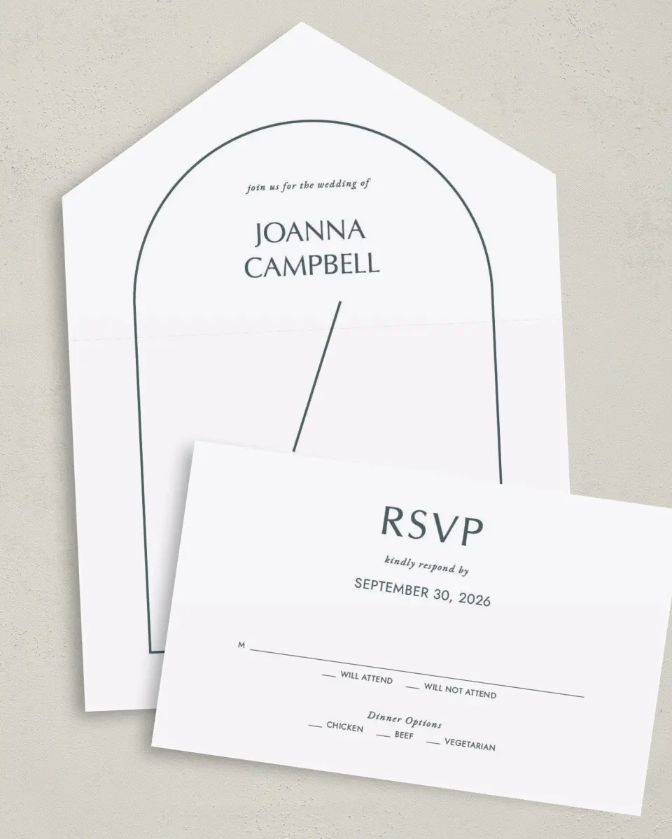 This is a 6" x 4½" All-in-One Wedding Invitation called Mod Shapes printed in full color on Premium Smooth paper